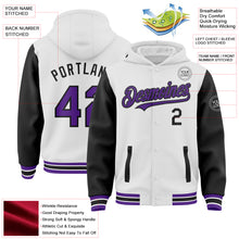 Load image into Gallery viewer, Custom White Purple-Black Bomber Full-Snap Varsity Letterman Two Tone Hoodie Jacket
