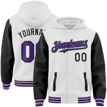 Load image into Gallery viewer, Custom White Purple-Black Bomber Full-Snap Varsity Letterman Two Tone Hoodie Jacket
