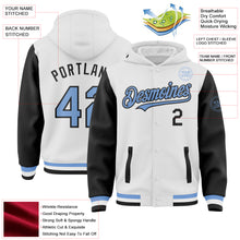 Load image into Gallery viewer, Custom White Light Blue-Black Bomber Full-Snap Varsity Letterman Two Tone Hoodie Jacket
