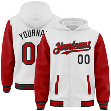 Load image into Gallery viewer, Custom White Red-Black Bomber Full-Snap Varsity Letterman Two Tone Hoodie Jacket
