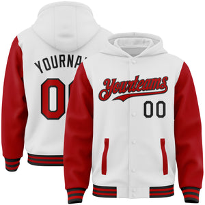 Custom White Red-Black Bomber Full-Snap Varsity Letterman Two Tone Hoodie Jacket