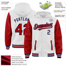 Load image into Gallery viewer, Custom White Red-Navy Bomber Full-Snap Varsity Letterman Two Tone Hoodie Jacket
