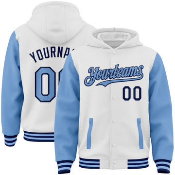 Custom White Light Blue-Navy Bomber Full-Snap Varsity Letterman Two Tone Hoodie Jacket