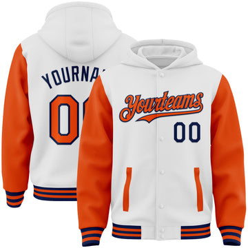 Custom White Orange-Navy Bomber Full-Snap Varsity Letterman Two Tone Hoodie Jacket