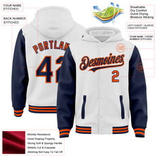 Load image into Gallery viewer, Custom White Navy-Orange Bomber Full-Snap Varsity Letterman Two Tone Hoodie Jacket
