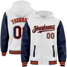 Load image into Gallery viewer, Custom White Navy-Orange Bomber Full-Snap Varsity Letterman Two Tone Hoodie Jacket
