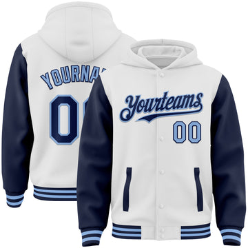 Custom White Navy-Light Blue Bomber Full-Snap Varsity Letterman Two Tone Hoodie Jacket