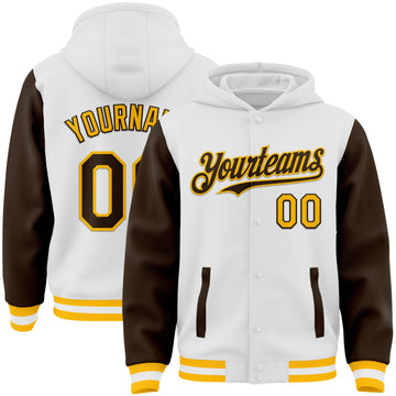 Custom White Brown-Gold Bomber Full-Snap Varsity Letterman Two Tone Hoodie Jacket