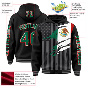 Custom Black Kelly Green Red-Gray Mexico Mexican Flag 3D Bomber Full-Snap Varsity Letterman Hoodie Jacket