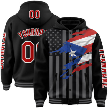 Custom Black Red-Gray Puerto Rico Puerto Rican Flag 3D Bomber Full-Snap Varsity Letterman Hoodie Jacket