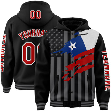 Custom Black Red-Gray Chile Chilean Flag 3D Bomber Full-Snap Varsity Letterman Hoodie Jacket