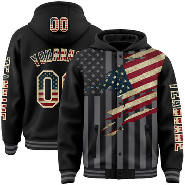 Custom Black Vintage USA Flag Cream-Gray 3D Bomber Full-Snap Varsity Letterman Hoodie Jacket