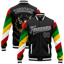 Load image into Gallery viewer, Custom Black White Christmas 3D Bomber Full-Snap Varsity Letterman Jacket
