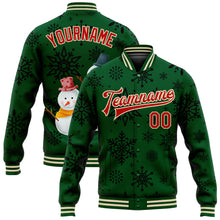 Load image into Gallery viewer, Custom Green Red-Cream Christmas 3D Bomber Full-Snap Varsity Letterman Jacket
