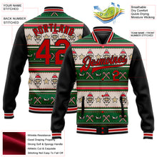 Load image into Gallery viewer, Custom Green Red-Black Christmas 3D Bomber Full-Snap Varsity Letterman Jacket
