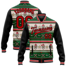 Load image into Gallery viewer, Custom Green Red-Black Christmas 3D Bomber Full-Snap Varsity Letterman Jacket
