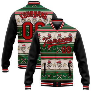 Custom Green Red-Black Christmas 3D Bomber Full-Snap Varsity Letterman Jacket