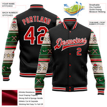 Load image into Gallery viewer, Custom Black Red-White Christmas 3D Bomber Full-Snap Varsity Letterman Jacket
