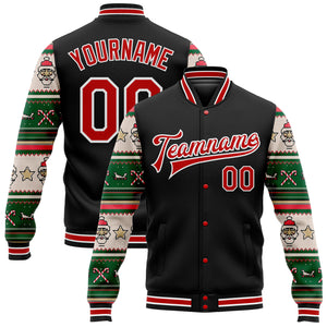 Custom Black Red-White Christmas 3D Bomber Full-Snap Varsity Letterman Jacket