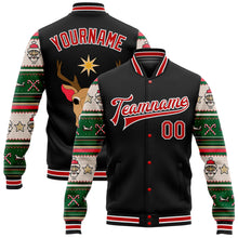 Load image into Gallery viewer, Custom Black Red-White Christmas 3D Bomber Full-Snap Varsity Letterman Jacket
