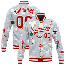 Load image into Gallery viewer, Custom Silver Red-White Christmas 3D Bomber Full-Snap Varsity Letterman Jacket
