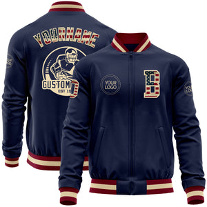 Custom Navy Vintage USA Flag Cream-Maroon Bomber Varsity Letterman Zipper Jacket