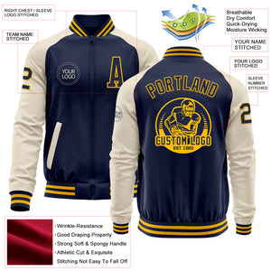 Custom Navy Gold-Cream Bomber Varsity Letterman Two Tone Zipper Jacket