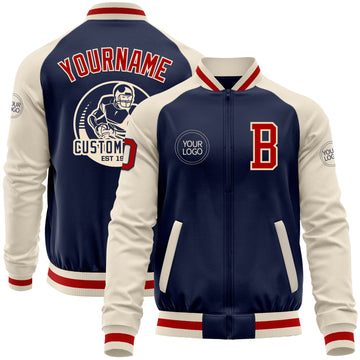 Custom Navy Red-Cream Bomber Varsity Letterman Two Tone Zipper Jacket