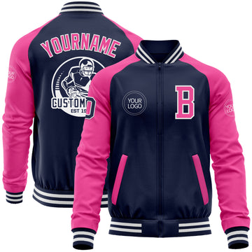 Custom Navy Pink-White Bomber Varsity Letterman Two Tone Zipper Jacket