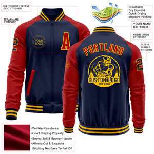 Custom Navy Red-Gold Bomber Varsity Letterman Two Tone Zipper Jacket