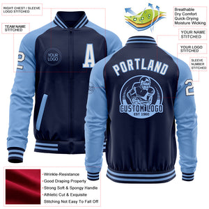 Custom Navy White-Light Blue Bomber Varsity Letterman Two Tone Zipper Jacket