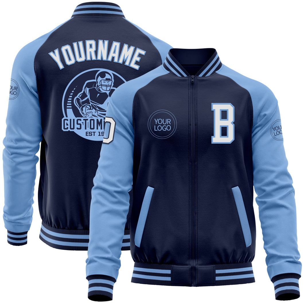 Custom Navy White-Light Blue Bomber Varsity Letterman Two Tone Zipper Jacket