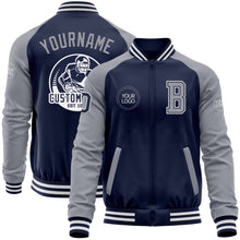 Load image into Gallery viewer, Custom Navy Gray-White Bomber Varsity Letterman Two Tone Zipper Jacket
