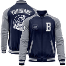 Load image into Gallery viewer, Custom Navy White-Gray Bomber Varsity Letterman Two Tone Zipper Jacket
