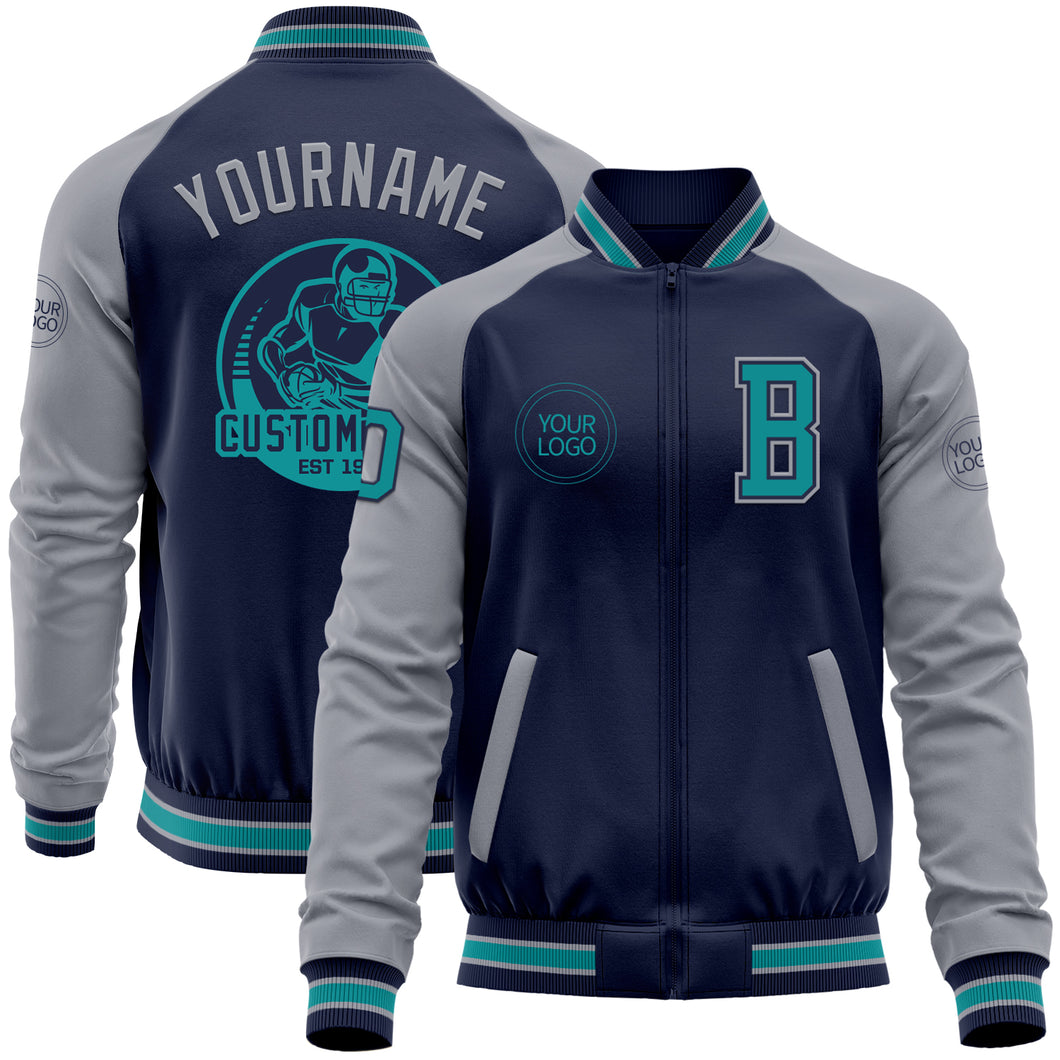 Custom Navy Gray-Teal Bomber Varsity Letterman Two Tone Zipper Jacket