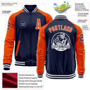 Custom Navy Orange-White Bomber Varsity Letterman Two Tone Zipper Jacket