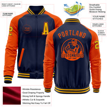 Load image into Gallery viewer, Custom Navy Orange-Gold Bomber Varsity Letterman Two Tone Zipper Jacket
