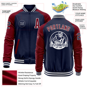 Custom Navy Crimson-White Bomber Varsity Letterman Two Tone Zipper Jacket