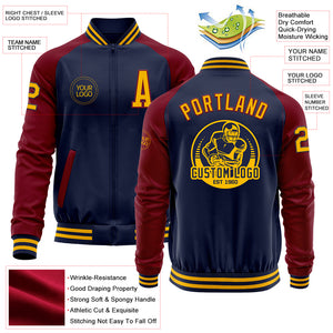 Custom Navy Gold-Crimson Bomber Varsity Letterman Two Tone Zipper Jacket