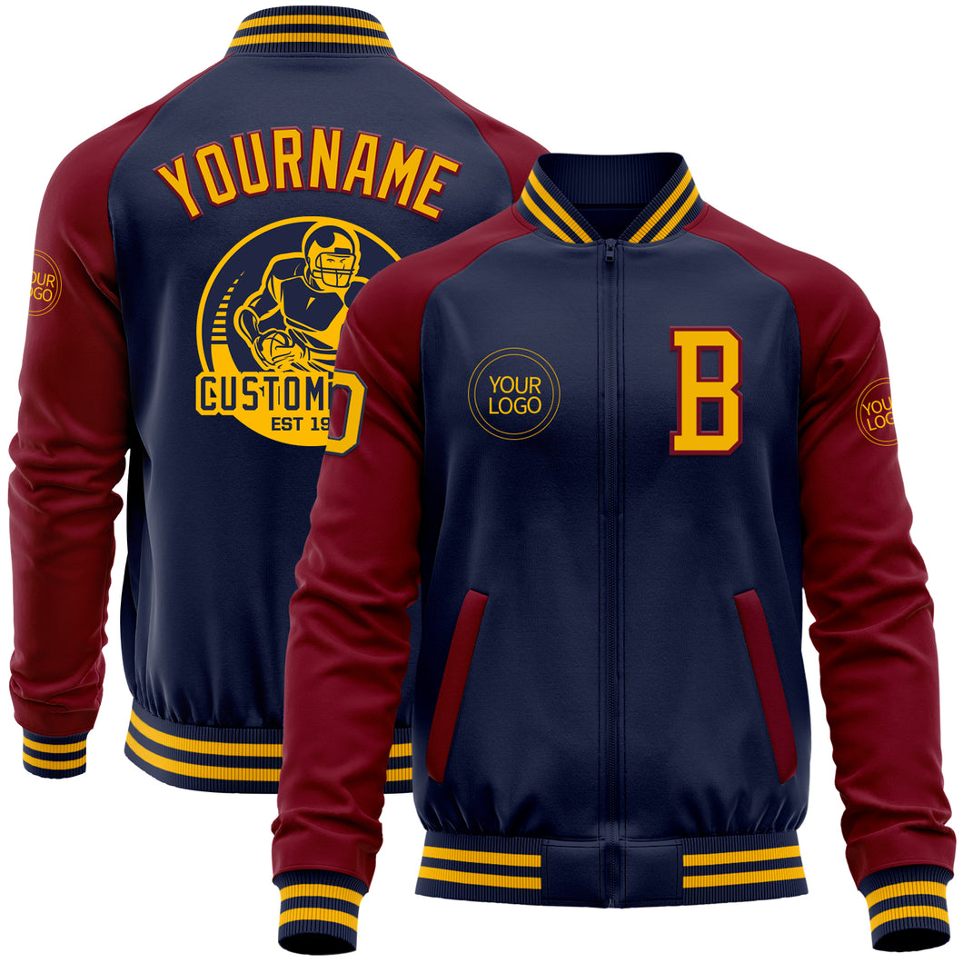 Custom Navy Gold-Crimson Bomber Varsity Letterman Two Tone Zipper Jacket