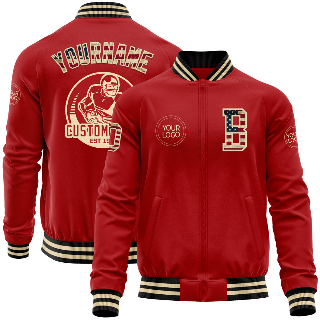 Custom Red Vintage USA Flag Cream-Black Bomber Varsity Letterman Zipper Jacket