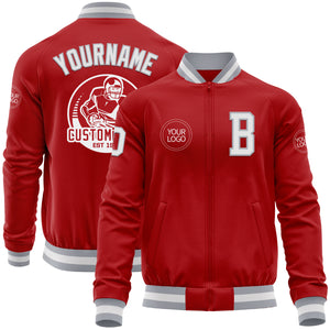 Custom Red White-Gray Bomber Varsity Letterman Zipper Jacket