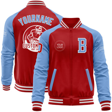 Custom Red Light Blue-White Bomber Varsity Letterman Two Tone Zipper Jacket