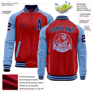 Custom Red Navy-Light Blue Bomber Varsity Letterman Two Tone Zipper Jacket