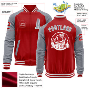 Custom Red Gray-White Bomber Varsity Letterman Two Tone Zipper Jacket