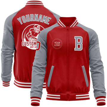 Custom Red Gray-White Bomber Varsity Letterman Two Tone Zipper Jacket