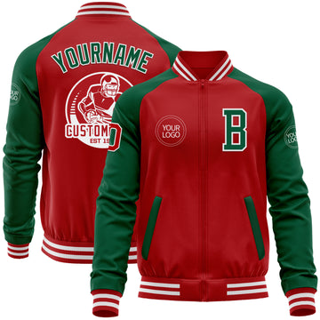 Custom Red Kelly Green-White Bomber Varsity Letterman Two Tone Zipper Jacket