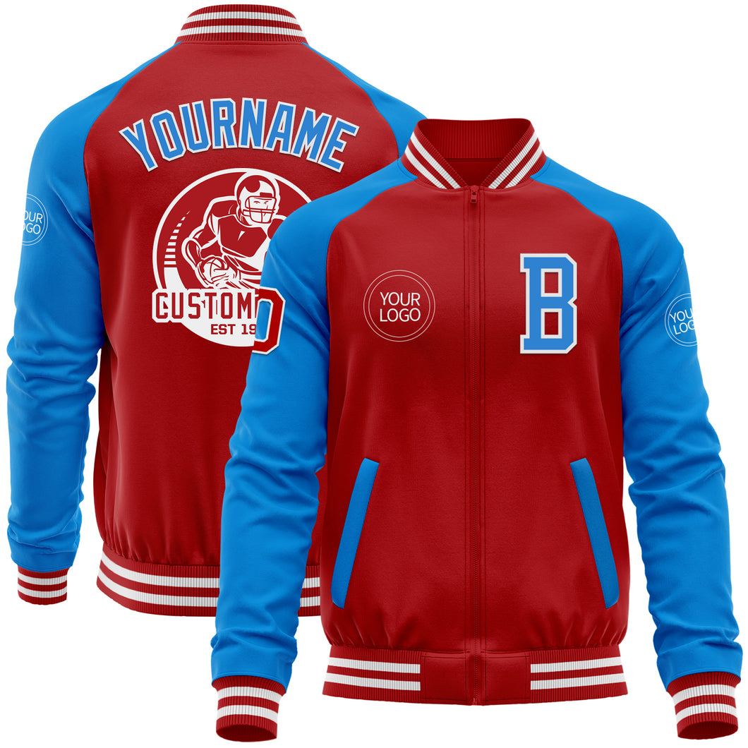 Custom Red Powder Blue-White Bomber Varsity Letterman Two Tone Zipper Jacket