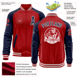 Custom Red Navy-White Bomber Varsity Letterman Two Tone Zipper Jacket