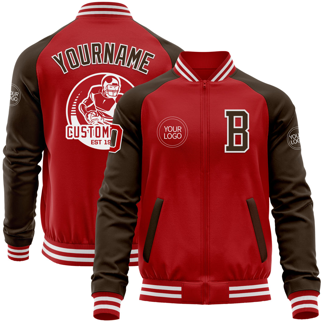 Custom Red Brown-White Bomber Varsity Letterman Two Tone Zipper Jacket